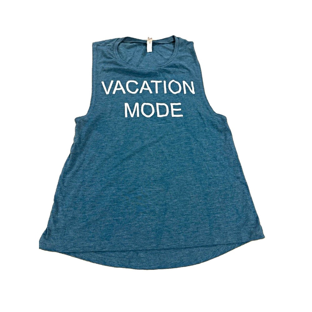 Bella Canvas Womens M Teal VACATION MODE Muscle Tank Distressed Graphic